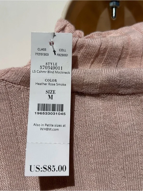 White House Black Market Lightweight Ribbed Cashmere Blend Rose Mockneck MED NWT - Picture 7 of 12